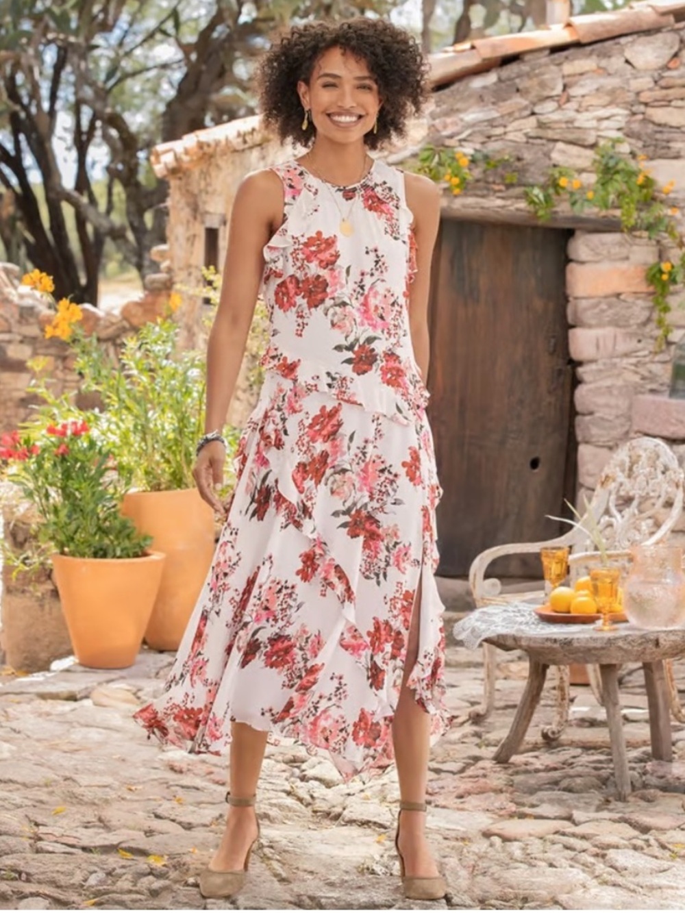 Sundance Blushing Gardens Asymmetrical‎ Hem Floral Ruffle Midi Dress